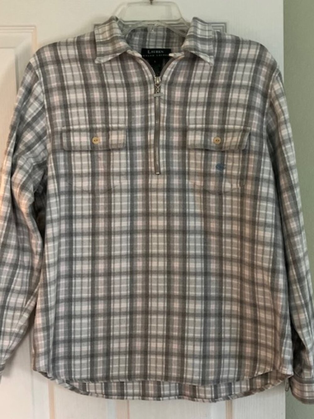 Lauren Ralph Lauren Women's flannel zip pullover S Z Lg plaid gray cream - Picture 2 of 7
